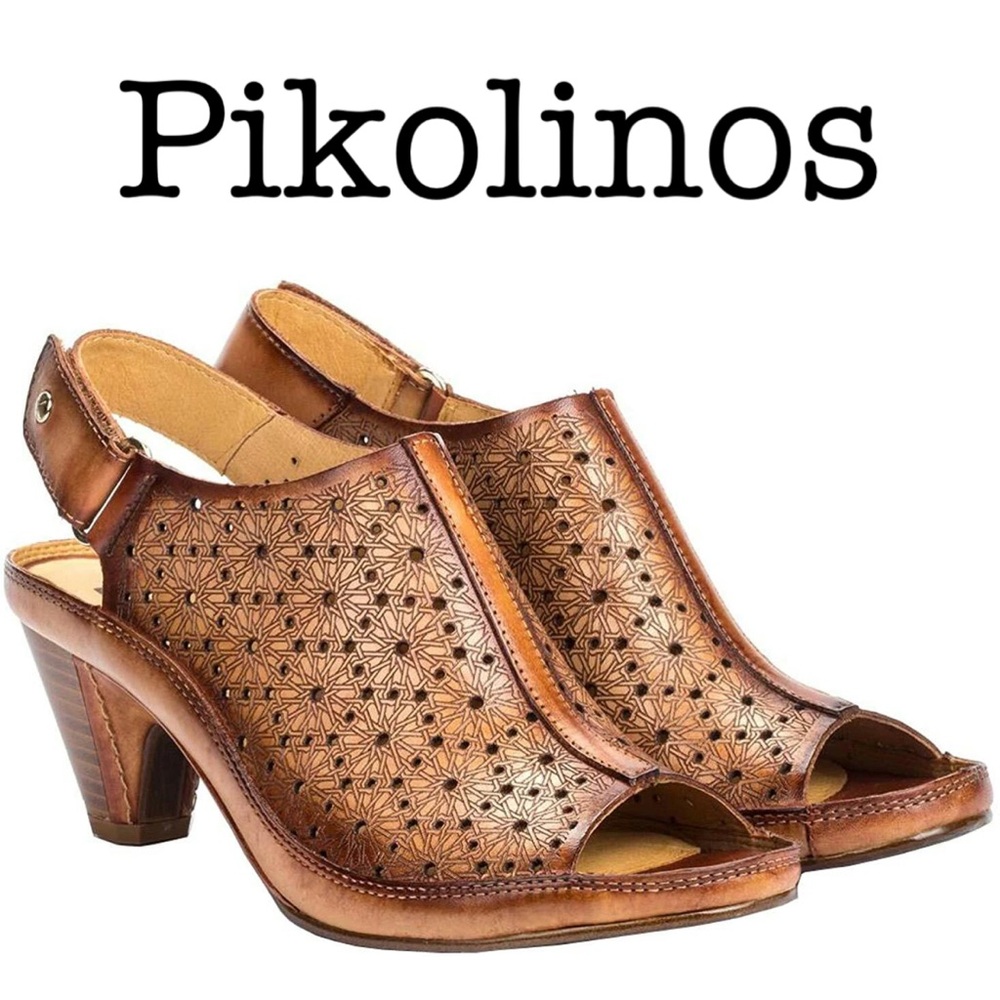 PIKOLINOS Brown Leather Perforated Peep-Toe Slingback Heels Size 37